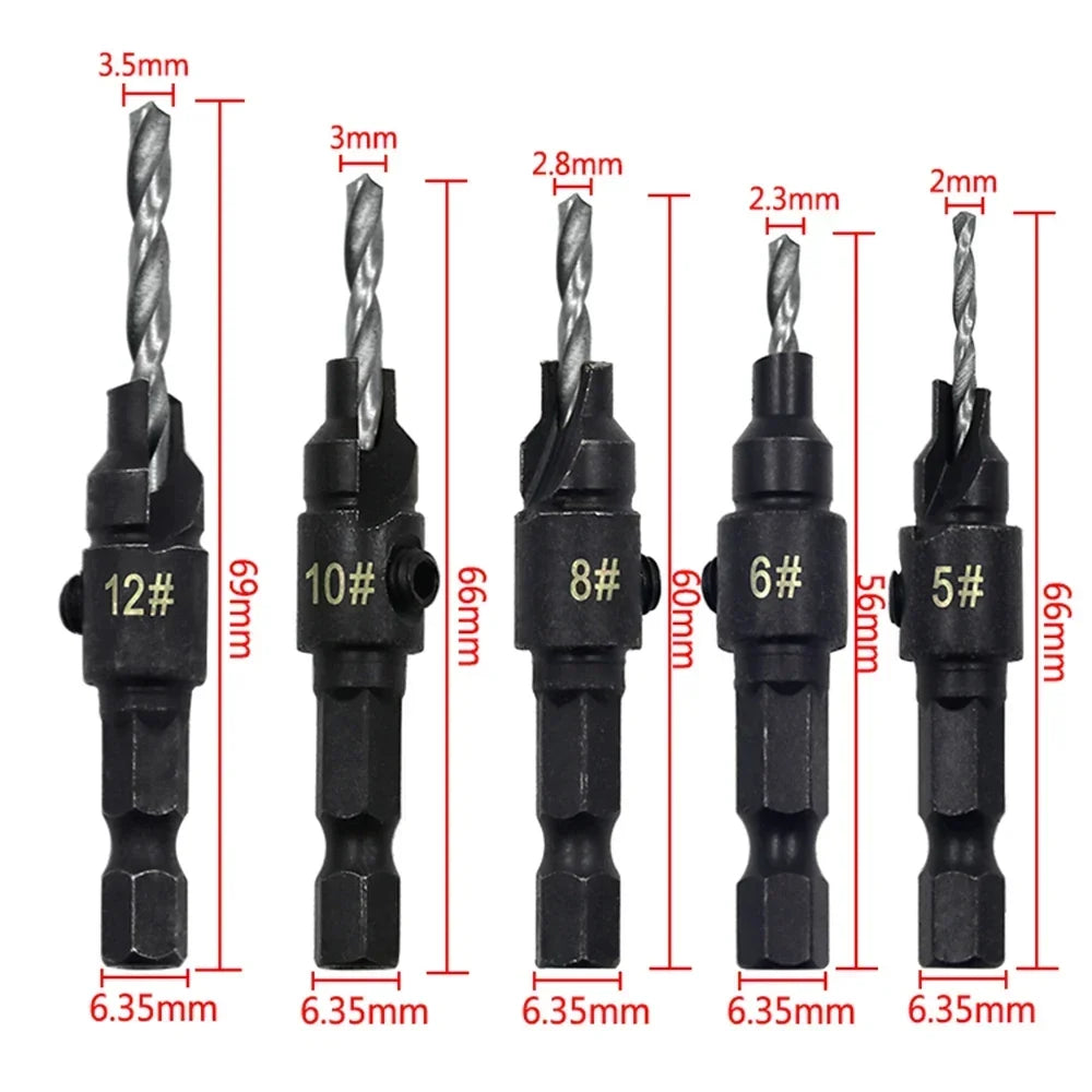 5pc Hexagon screw carpenter's hole opener countersink drill taper drill drilling reaming hardware tool set
